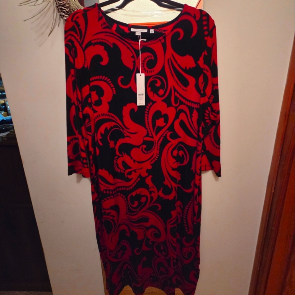 Elegant Red and Black Patterned Midi Dress From Chico's Traveler Collection